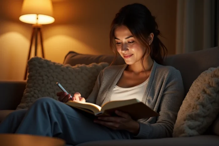 Femme lisant un livre physique le soir sur son canapé avec son téléphone retourné, illustrant la réduction du temps d'écran passif