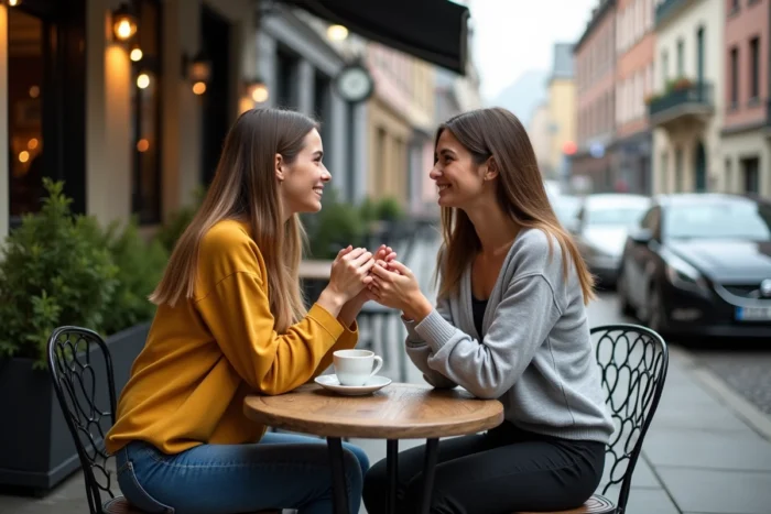 Deux femmes partageant un moment de conversation authentique autour d'un café en terrasse, illustrant la relation sociale de qualité hebdomadaire