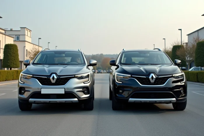 Comparaison côte à côte de la Renault Symbioz en Gris Rafale et Noir Étoilé dans un parking de concession, vue frontale