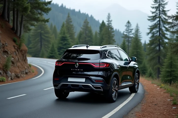 Renault Symbioz en Noir Étoilé sur une route de montagne sinueuse entourée de forêt de pins, vue arrière trois quarts