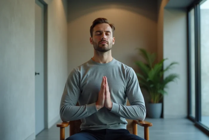 Homme assis en posture de respiration contrôlée dans un couloir calme avant une situation de stress professionnel