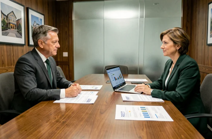 Deux professionnels discutant de l'allocation d'actifs en foncières cotées autour d'une table de salle de conférence avec prospectus immobiliers