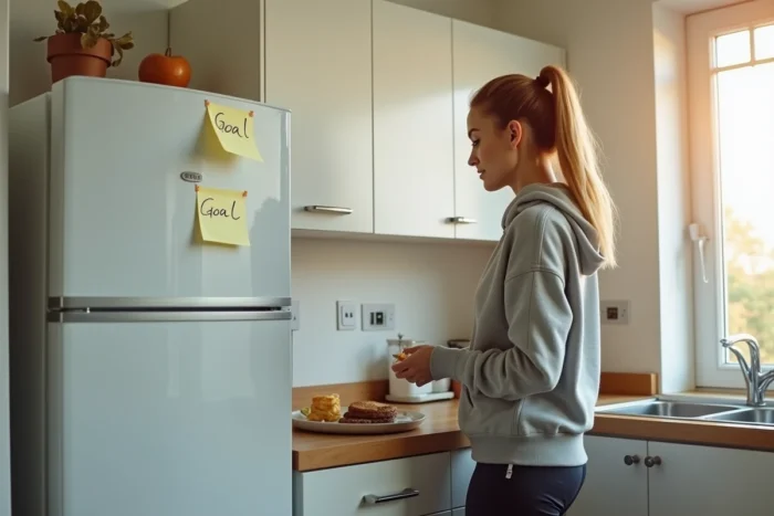 Femme préparant son petit-déjeuner avec un post-it affichant un seul objectif sur le réfrigérateur, illustrant la routine matinale structurée