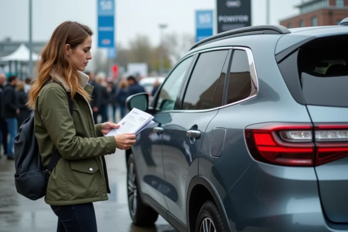 Femme passionnée d'automobile découvrant les nouveautés lors d'un salon automobile en plein air
