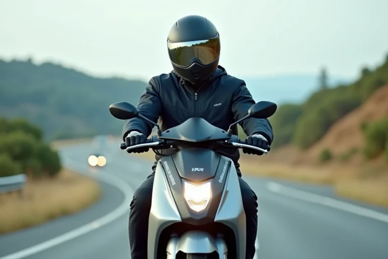 Pilote en scooter 125cc sur une autoroute française, vue en contre-plongée mettant en valeur le maxi-scooter moderne adapté aux trajets autoroutiers