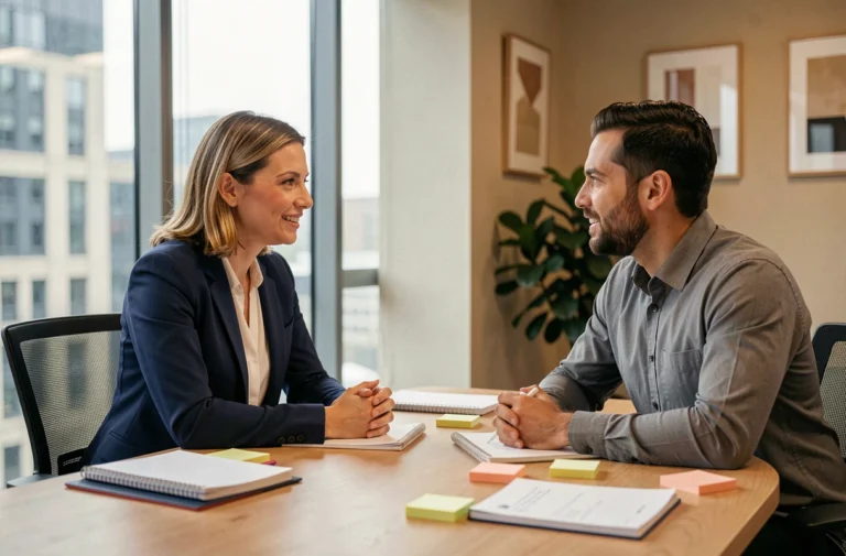 Coach professionnelle en conversation avec un client dans un bureau moderne lors d'une séance de coaching personnalisé