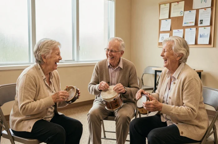 Groupe de personnes âgées participant à une séance de musicothérapie dans un centre communautaire, illustrant les effets de la musique sur la santé des seniors