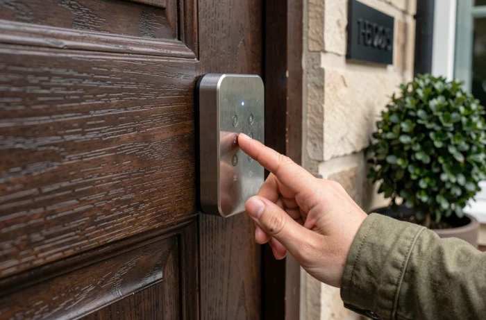 Gros plan sur une serrure connectée intelligente installée sur une porte d'entrée en bois