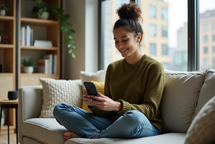 Femme découvrant un smartphone pliable dernier cri dans un salon moderne, nouvelles tendances high-tech
