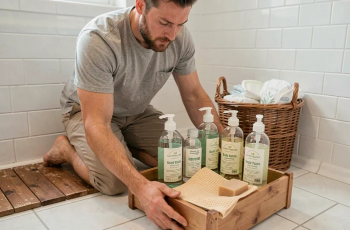 Père préparant des produits de soin naturels et certifiés pour le bain quotidien de bébé