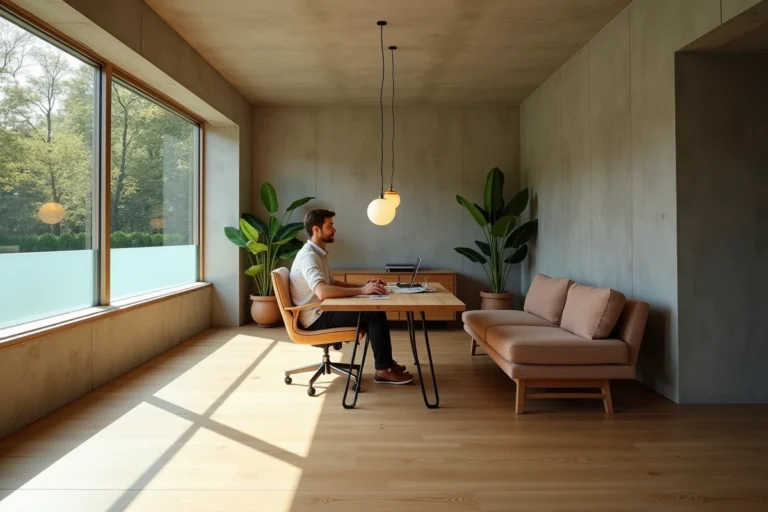 Bureau aménagé dans un sous-sol semi-enterré avec fenêtres horizontales donnant sur le jardin