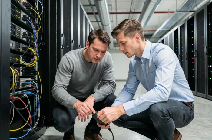 Spécialistes en sécurité informatique inspectant l'infrastructure serveur dans un datacenter d'entreprise