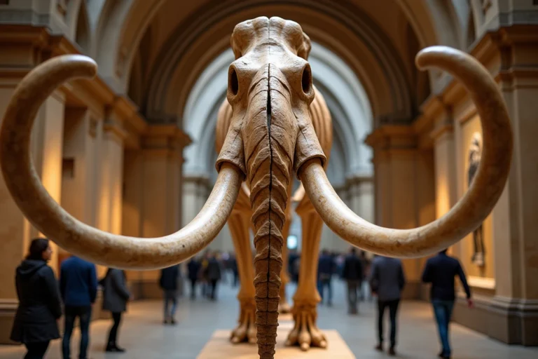 Squelette de mammouth laineux exposé dans un musée d'histoire naturelle, illustrant la disparition des mammouths à la fin du Pléistocène