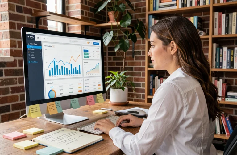 Femme analyste SEO examinant des graphiques de référencement sur un écran d'ordinateur dans un bureau moderne