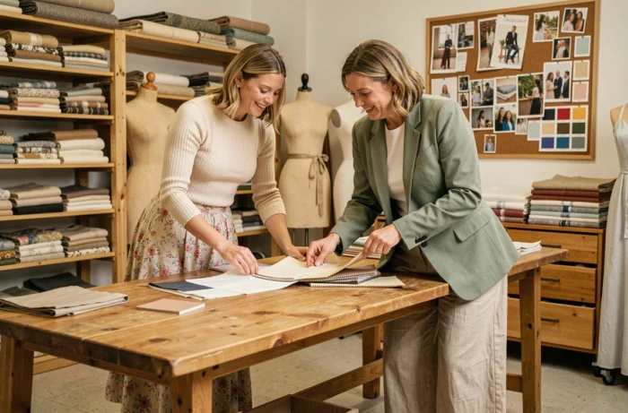 Deux femmes stylistes examinant des échantillons de tissu dans un atelier de mode créatif avec des planches d'inspiration et des portants de vêtements