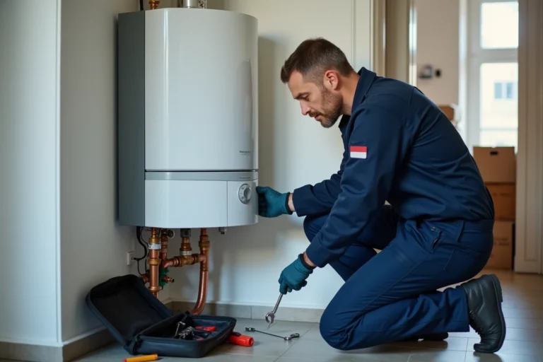 Technicien de chauffage inspectant une chaudière murale à gaz dans une salle technique d'appartement à Bruxelles