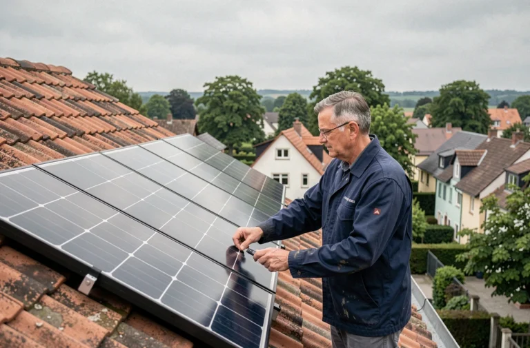 Technicien inspectant des panneaux solaires sur un toit résidentiel au Luxembourg lors d'une rénovation énergétique