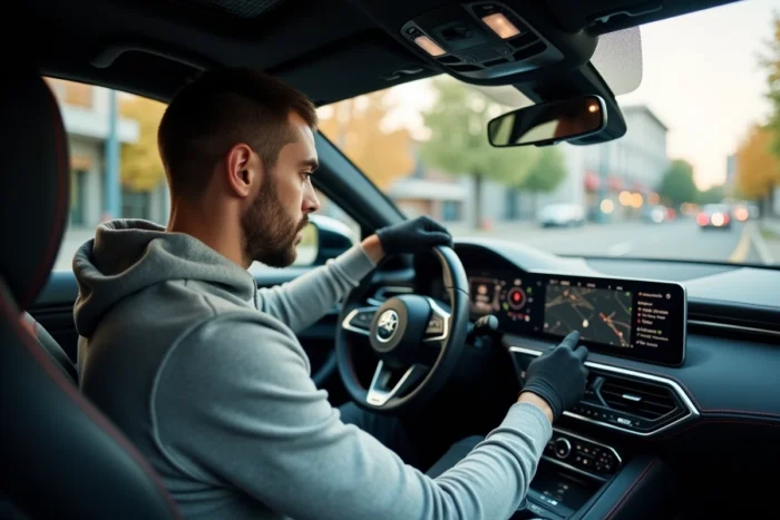 Conducteur passionné explorant les fonctionnalités technologiques du tableau de bord d'une voiture de sport