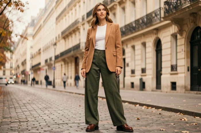 Femme en blazer camel oversize et pantalon large olive marchant dans une rue pavée parisienne, style mode automne tendance