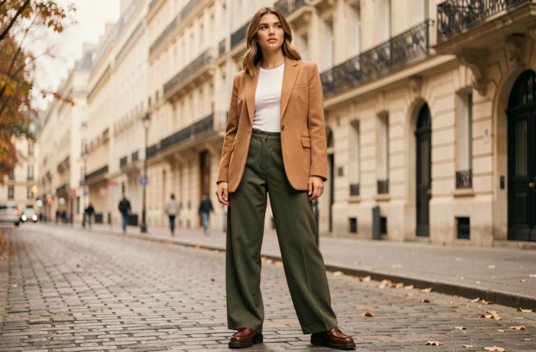 Femme en blazer camel oversize et pantalon large olive marchant dans une rue pavée parisienne, style mode automne tendance