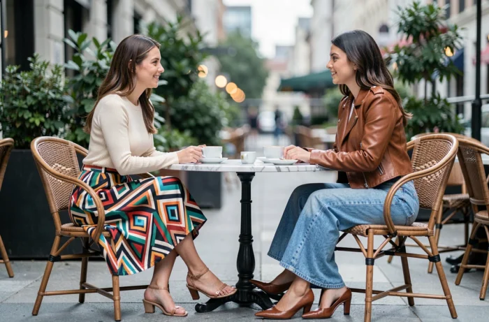 Deux femmes aux styles tendance assis à une terrasse de café parisien, jupe imprimée et veste en cuir cognac, mode printemps été