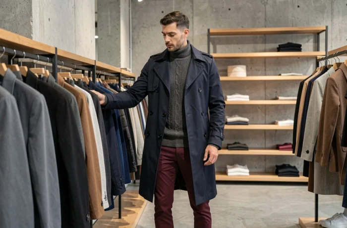 Homme en col roulé gris et trench coat marine dans un concept store moderne, tendances mode masculine hiver