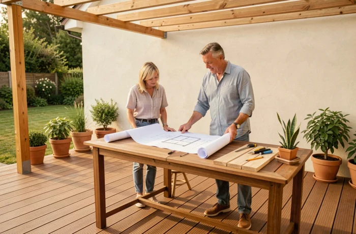 Couple examinant des plans d'aménagement sur une terrasse en bois composite récemment rénovée avec pergola et mur enduit