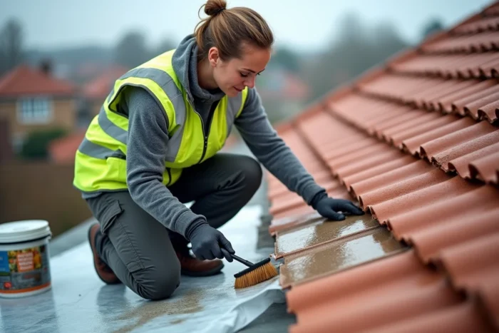 Professionnelle appliquant un traitement hydrofuge sur des tuiles poreuses lors d'une rénovation de toiture
