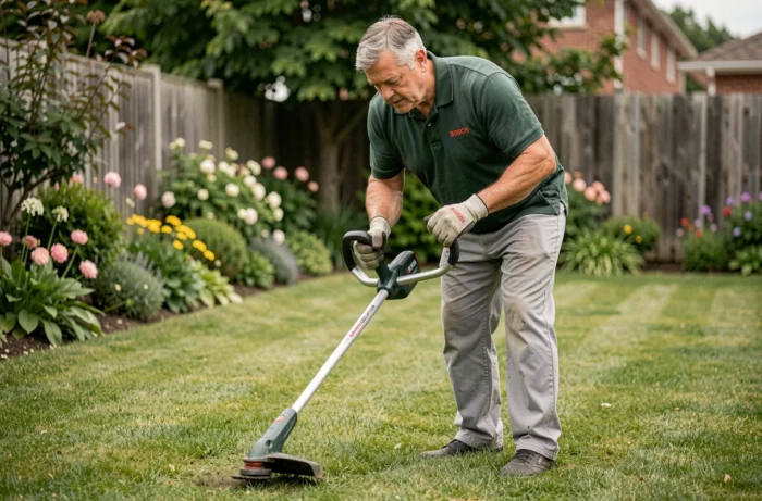 Homme utilisant le Bosch AdvancedGrassCut 36 pour tailler les bordures d'une pelouse dans un jardin suburban