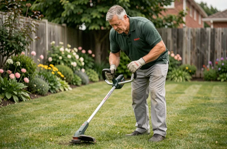 Homme utilisant le Bosch AdvancedGrassCut 36 pour tailler les bordures d'une pelouse dans un jardin suburban