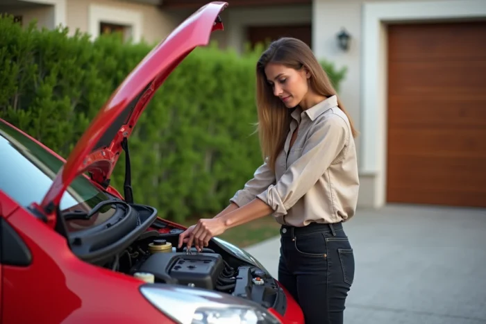 Femme vérifiant le niveau d'huile moteur sous le capot d'une voiture rouge dans une allée résidentielle