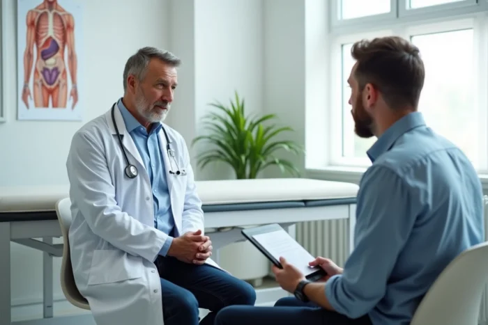 Homme en consultation de médecine du travail avec un médecin du travail dans un cabinet médical moderne pour un bilan de prévention