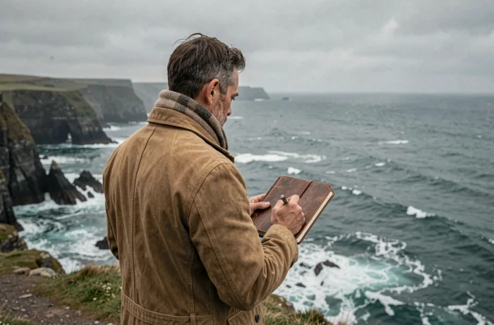 Voyageur prenant des notes dans un carnet au bord des falaises bretonnes face à l'océan Atlantique