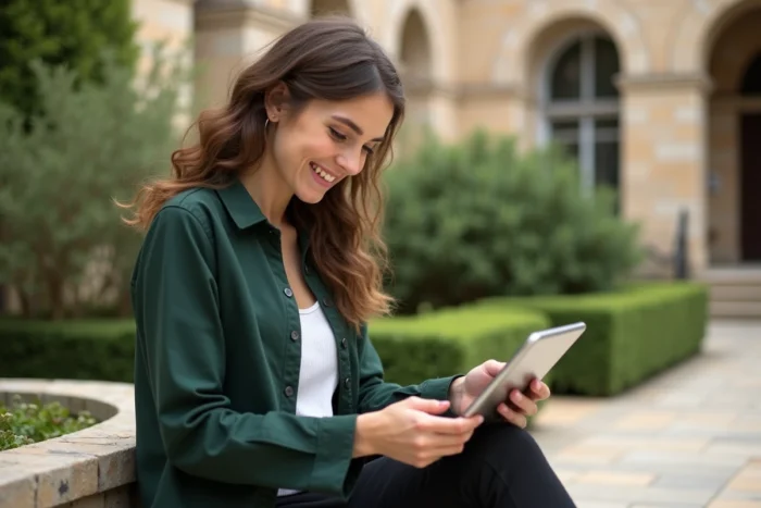 Une jeune professeure consulte le webmail académique de Montpellier sur une tablette dans une cour d'école